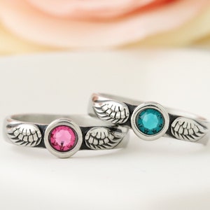 Angel Wing Birthstone Ring / Memorial Ring / Remembrance Ring Set / Angel Wing Ring / Custom Memorial Ring / Miscarriage Ring