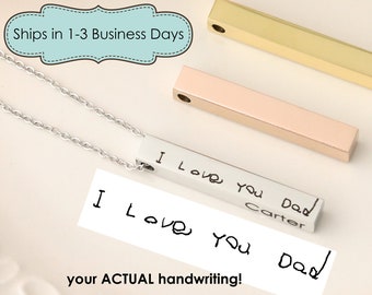 Actual Handwriting Necklace - 4 Sided Bar necklace - Custom Handwriting Jewelry - 3d Bar Necklace - Gift with Actual Handwriting -