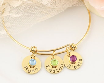 Gold Birthstone Charm Bracelet / Name Bangle / Birthstone Charm Necklace / Custom Names Necklace / Personalized Grandma Gift