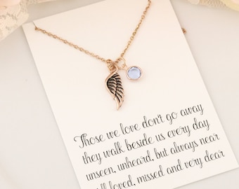 Angel Wing Memorial Necklace - Those we love don't go away - Angel Wing Birthstone Necklace - Simple Memorial Necklace - Birthstone Memorial