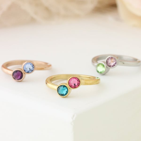 Double Birthstone Ring / Dual Birthstone Ring / Birthstone Bypass Ring / Two Stone Ring / Stacking Ring / Stackable Ring / Couples Ring