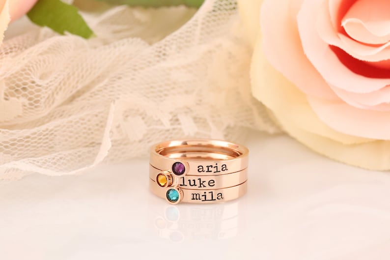 Stackable Mothers Ring Name Birthstone Ring RIng with Names and Birthstones, Personalized ring Stacking mothers rings, stamped name ring image 2