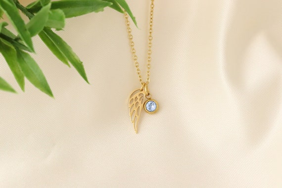 Tiny Wing Necklace Angel Wing Birthstone Necklace Dainty Wing