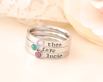 Stackable Mothers Ring - Name Birthstone Ring - RIng with Names and Birthstones, Personalized ring Stacking mothers rings, stamped name ring