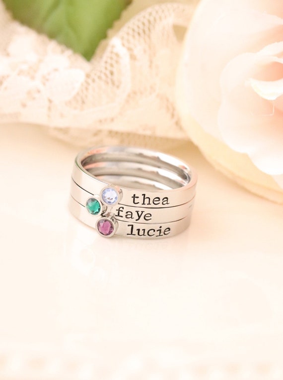 ByPass Stacked Mother's Family Birthstone Ring w/ Engraved Names ByPass Stacked Mother's Family Birthstone Ring w/ Engraved Names