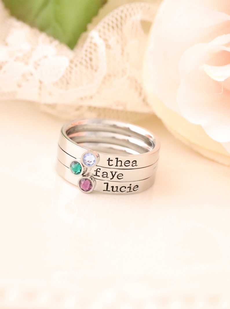 Stackable Mothers Ring Name Birthstone Ring RIng with Names and Birthstones, Personalized ring Stacking mothers rings, stamped name ring image 1