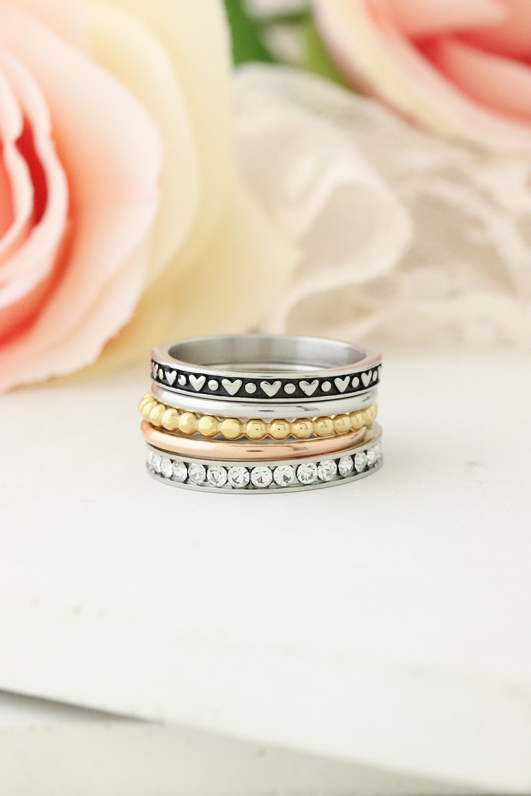 Skinny Stackable Ring / Stacking Spacer Rings / Heart Ring / Beaded ...