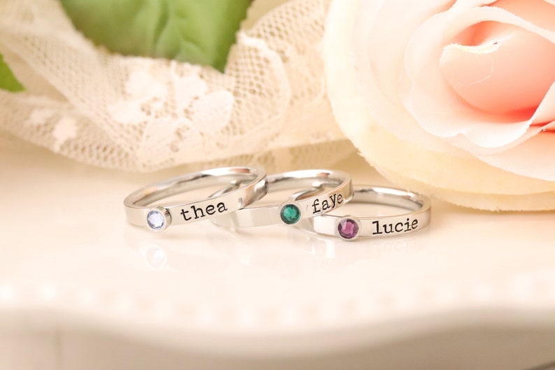Stackable Mothers Ring Name Birthstone Ring RIng with Names and Birthstones, Personalized ring Stacking mothers rings, stamped name ring image 5