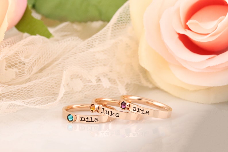 Stackable Mothers Ring Name Birthstone Ring RIng with Names and Birthstones, Personalized ring Stacking mothers rings, stamped name ring image 8