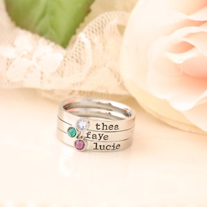 Stackable Mothers Ring Name Birthstone Ring RIng with Names and Birthstones, Personalized ring Stacking mothers rings, stamped name ring image 6