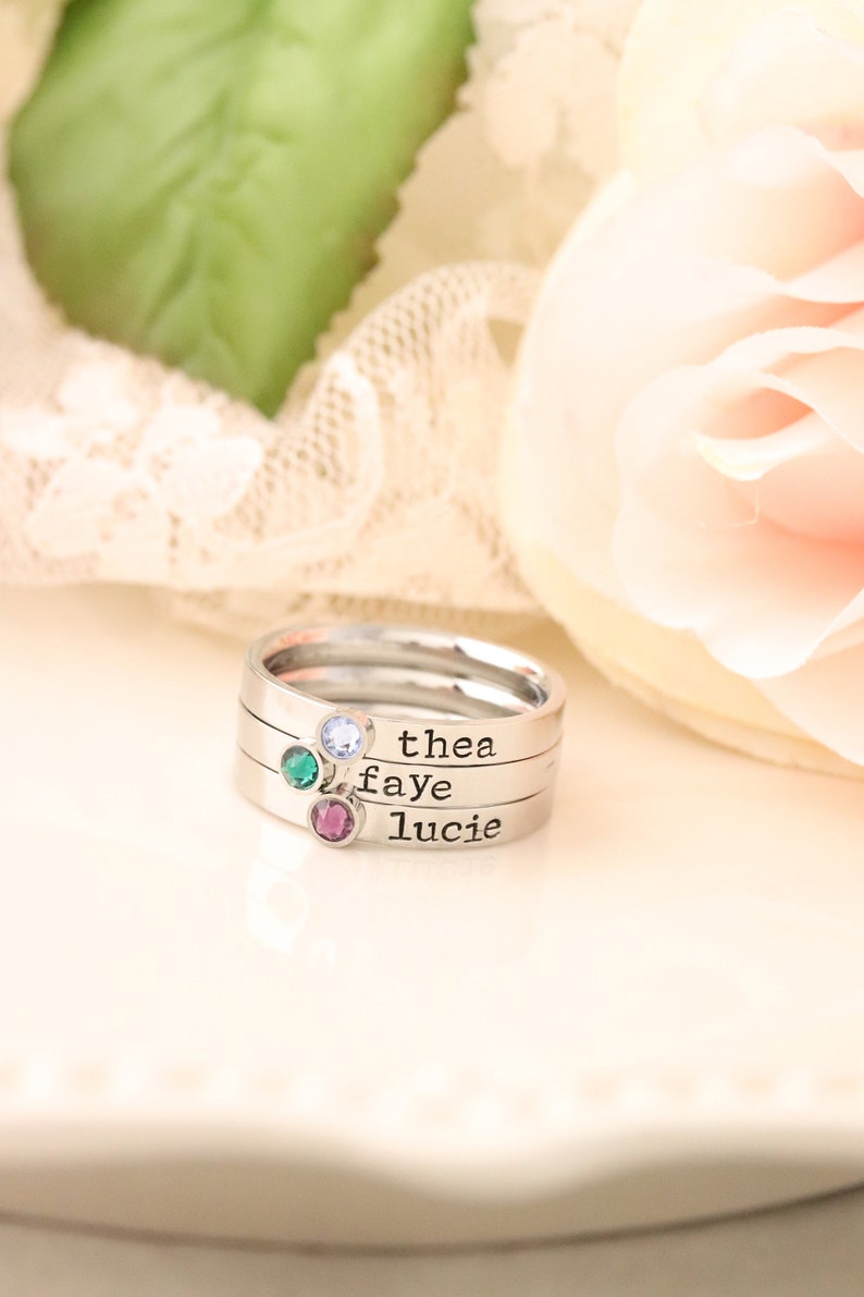 Stackable Mothers Ring Name Birthstone Ring RIng with Names and Birthstones, Personalized ring Stacking mothers rings, stamped name ring image 6