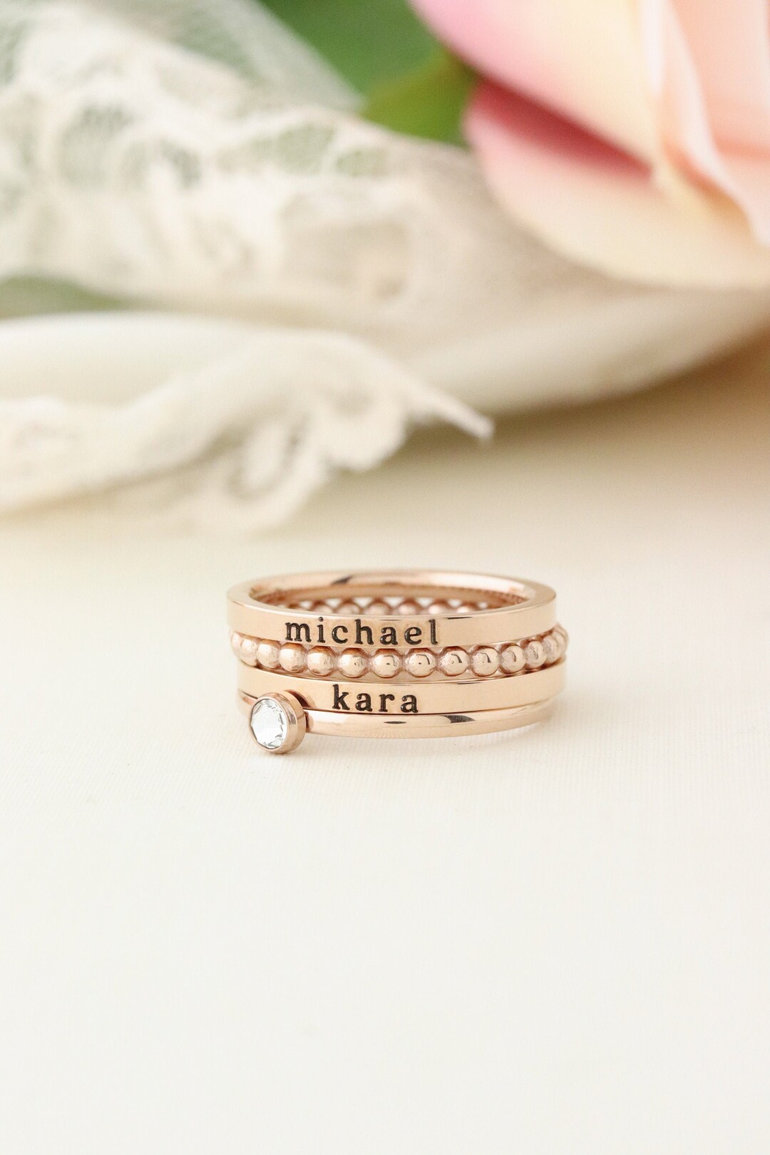 Stackable Rings Engraved Rose Gold Personalized Ring Stack - Stacking Ring Set - Stackable Ring ...