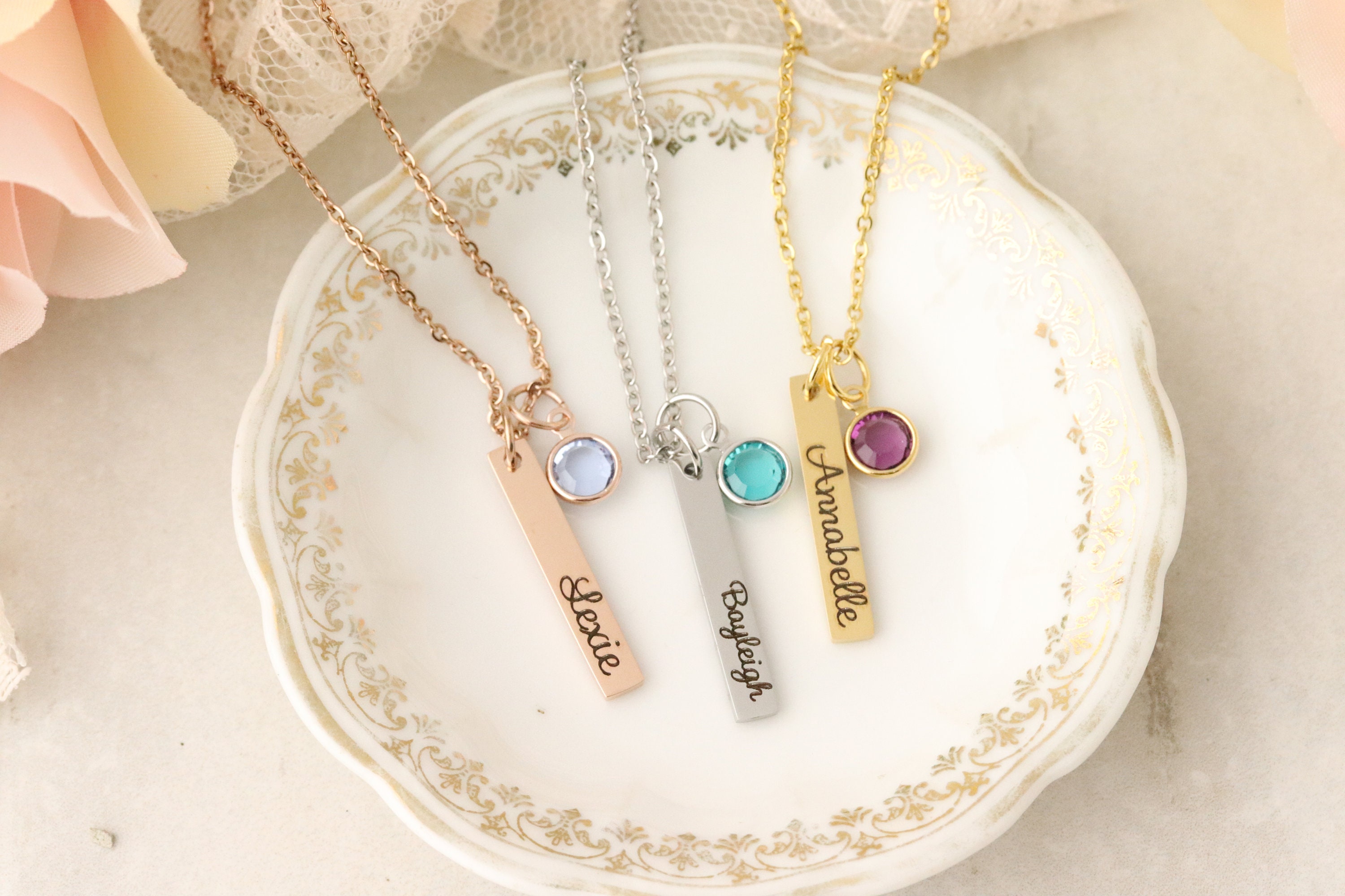 Name bar necklace with birthstone sale
