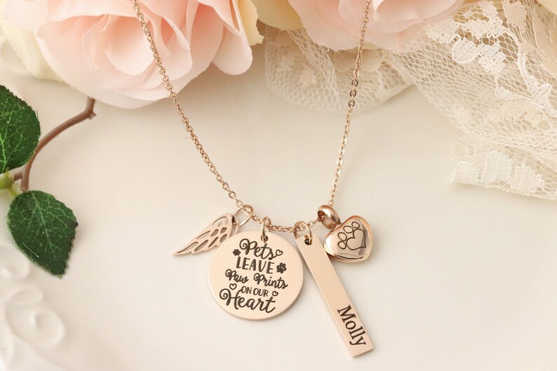 Rose Gold Pet Memorial Necklace - Pet Urn Necklace - Pets Leave Pawprints on Our Hearts - Dog Urn Necklace - Dog Memorial Necklace - image 1