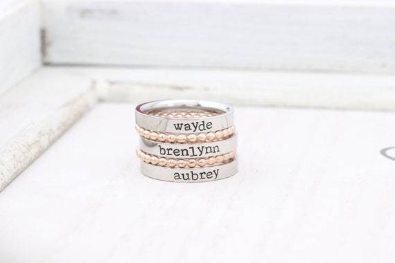 Stackable Ring Personalized Ring Mothers Rings Hand Stamped Ring Personalized Rings Stacking Ring Name Ring Engraved Rings Etsy
