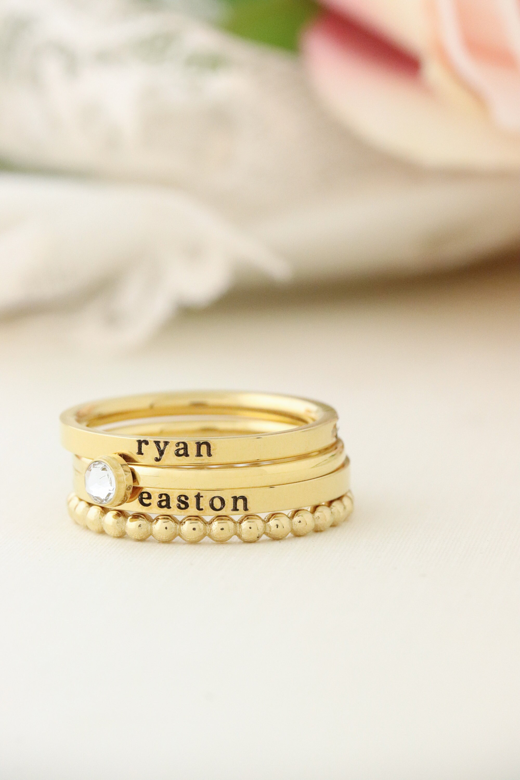 Rose Gold Personalized Ring Stack - Stacking Ring Set - Stackable Ring ...