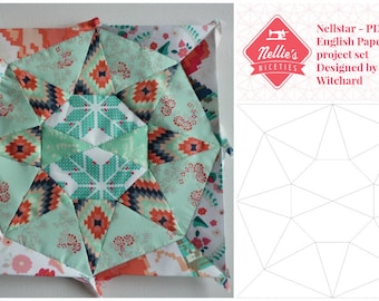 May include: A finished quilt block with a geometric pattern in shades of green, orange, and white. The block is made using the English paper piecing technique. The image also includes a diagram of the pattern.
