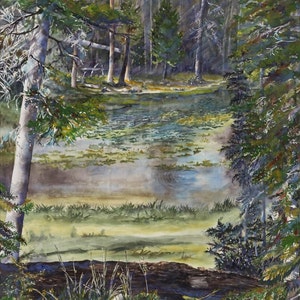 May include: A watercolor painting of a forest scene with a pond in the center. The pond is surrounded by trees and the water is a light blue color. The trees are a dark green color and the leaves are a light green color. The painting is done in a realistic style.