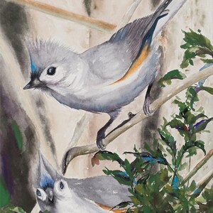 May include: Watercolor painting of two gray and white birds perched on branches. The birds have blue accents on their heads and wings. The background is a soft brown with green foliage.