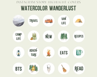 Instagram Story Highlight Icons - Adventure - Watercolor Wanderlust - Set of 20 Icons - Instagram, Marketing, Story Covers, Social Media