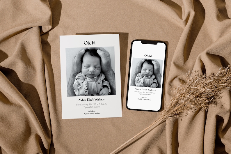 Modern Minimalist Oh hi Birth Announcement Editable and Printable Card Textable Phone Edition image 3