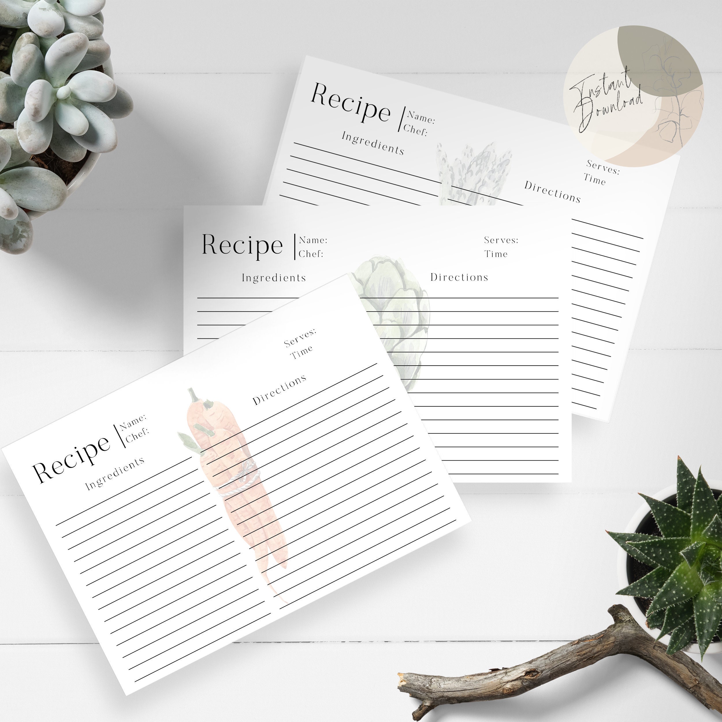 Recipe Cards 5x7 Printable Template Farmers Market Set of Three ...