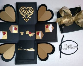 Explosion Box, Gold Embellished Anniversary Explosion Box, 4" Cube Explosion Box, Exploding Box