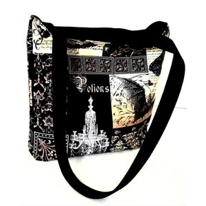 Lined tote bag with collage of Edgar Allan Poe motifs (Crows, owls, potions, etc)