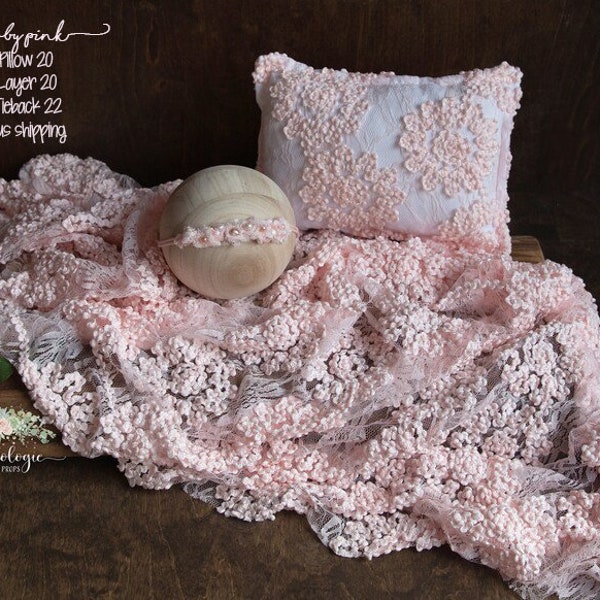 Baby Pink Floral Lace Layer * Bead Pearl Tieback * Lace Prop Pillow SOLD OUT * Baby Girl Photo Prop * Pink Prop *