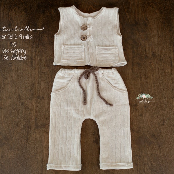 Soft Stretchy Textured Cable Natural Beige Sitter Pants & Vest Set * Baby Prop Outfit * Infant Photo Session Prop *