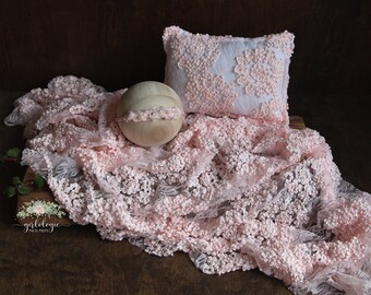 Floral Lace Pillow * Photo Prop * Baby Pink * Pearl Lace Tieback Headband * Lace Layering Piece * Newborn Baby Prop