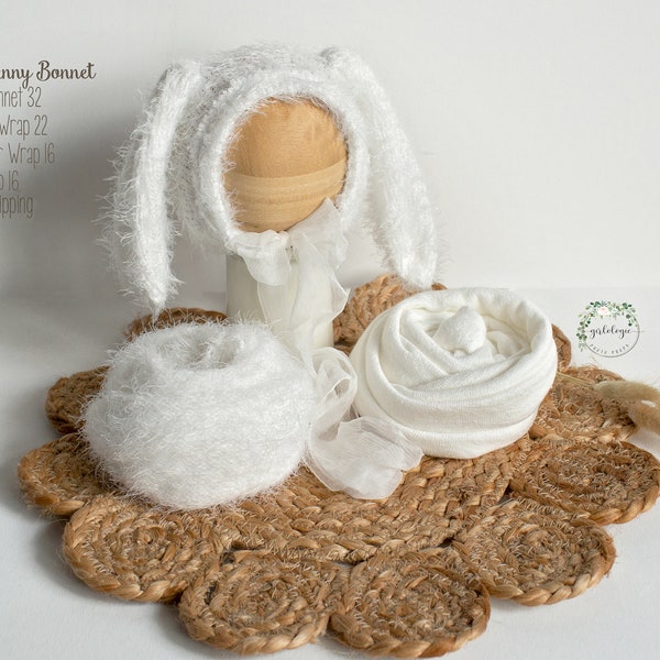White Fuzzy Soft Newborn Bunny Bonnet * Easter Prop * Spring Photo Prop * Matching Stretch Wrap * Jute Layer * SOLD SEPARATELY