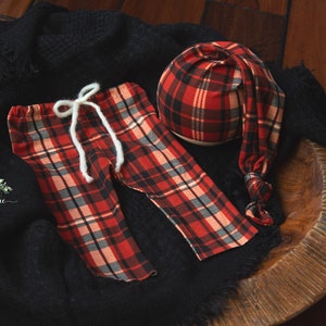 Newborn Red Black Plaid Pants & Sleepy Hat  * Newborn Boy Prop  * Photo Prop * Plaid *