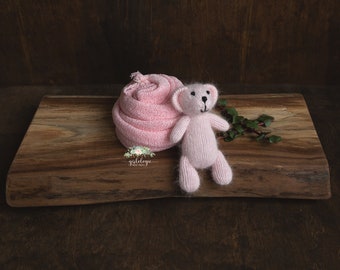 Newborn Fuzzy Teddy Bear Stuffie * Photo Prop Lovey * Matching Stretch Wrap * Baby Girl Pink *