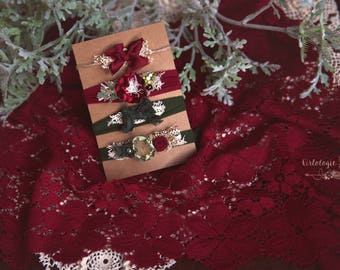 Holiday Newborn/Sitter/Child Tieback Set *  Newborn Tieback * Photo Prop * Holiday Prop * Baby Headband * Evergreen * Cranberry *