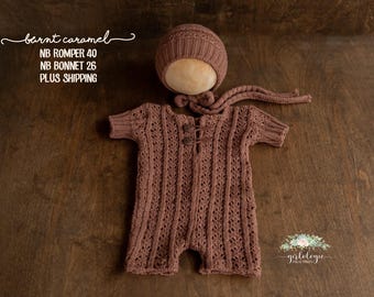 Pelele marrón para recién nacido * Gorrito a juego * Accesorios a juego * Sesión de fotos para bebé niño * Accesorio de fotografía neutro
