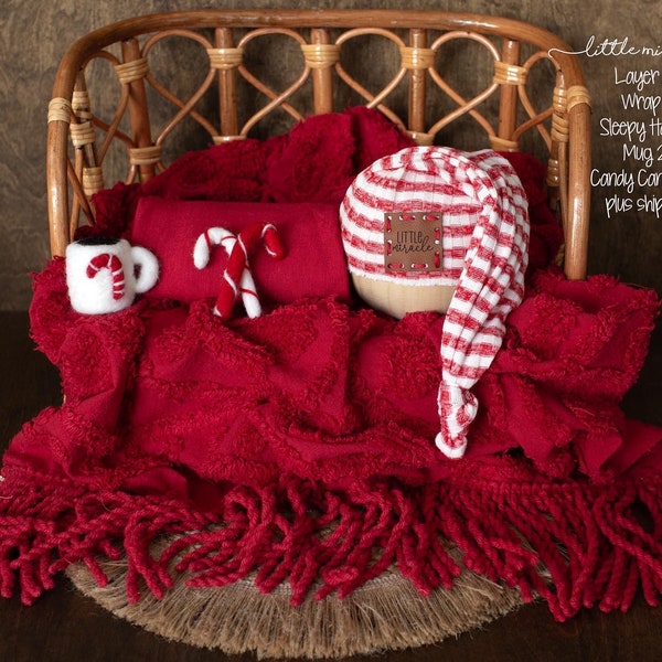 Little Miracle Stripe Sleepy Hat * Red Stretch Wrap *Newborn Photo Prop * Christmas Collection *Candy Cane * Felt Mug* Fringe Layer *Holiday