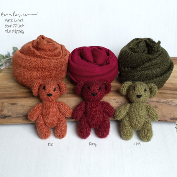 Bear Stuffie * Teddy Bear Lovie * Newborn Photo Prop  Rust * Ruby Red * Olive Green * Matching Wrap * SOLD INDIVIDUALLY