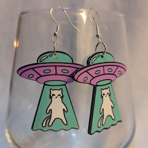 Cute UFO Cat Space Earrings - Secret Santa Gift - Space Cat Earrings  - Novelty Statement Earrings - Quirky Statement Earrings
