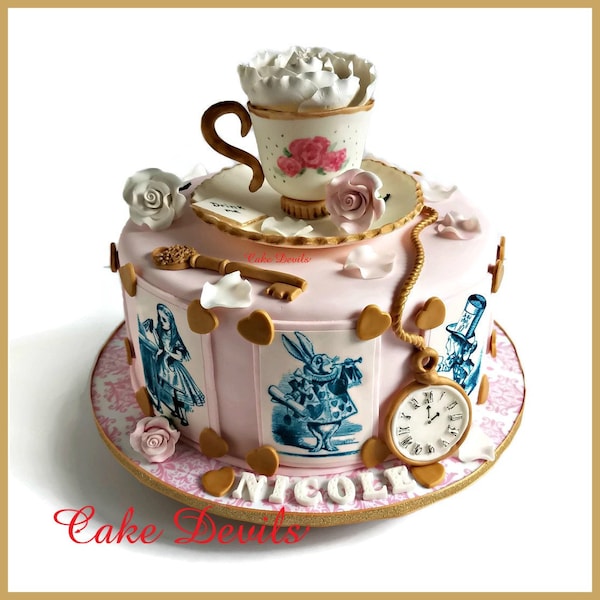 Elegant Adventures in Wonderland Fondant Cake Toppers, Perfect for Alice, Tea Cup and Saucer, Roses, Pocket Watch, Key, Bridal Shower Cake