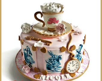 Elegant Adventures in Wonderland Fondant Cake Toppers, Perfect for Alice, Tea Cup and Saucer, Roses, Pocket Watch, Key, Bridal Shower Cake