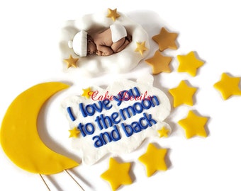 Moon and Stars Fondant Sleeping Baby, Baby on Cloud Baby Shower Cake topper kit, to the moon back, Cloud, Moon, Baby, Stars cake decorations