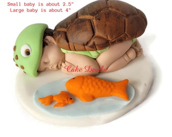 Turtle Baby Shower Fondant Sleeping Baby Shower Cake Topper with Little Fish Cake Decoration, Under the Sea baby cake, Handmade