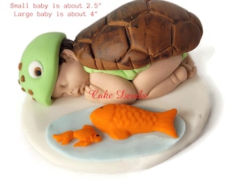Tortuga bebé ducha fondant durmiendo bebé ducha pastel topper con decoración de pastel de pescado pequeño, pastel de bebé bajo el mar, hecho a mano