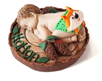 Fondant Baby with Fox on Diaper Baby Shower Cake Topper, Woodland Baby Shower, Fox Butt, Handmade Edible Woodland Creatures, Cake Decoration