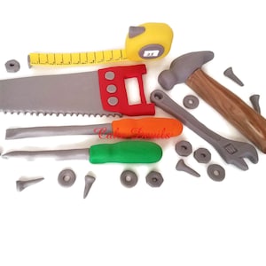 Tool Party Cake Toppers, Colorful Tools Cake Decorations, Handyman Cake, Mr Fix It, Fondant tools, Toolbox Cake, Fondant, Handmade Edible