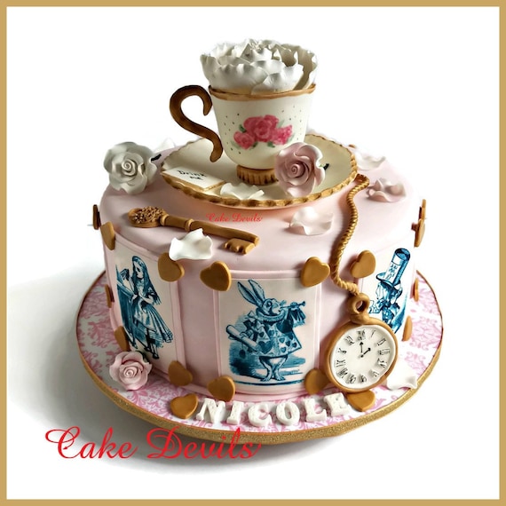 Elegant Adventures in Wonderland Fondant Cake Toppers, Perfect for Alice,  Tea Cup and Saucer, Roses, Pocket Watch, Key, Bridal Shower Cake