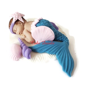 Mermaid Baby Shower Cake Topper, Fondant Baby girl, sleeping baby Mermaid Cake Decoration, Under the Sea theme, Handmade image 1
