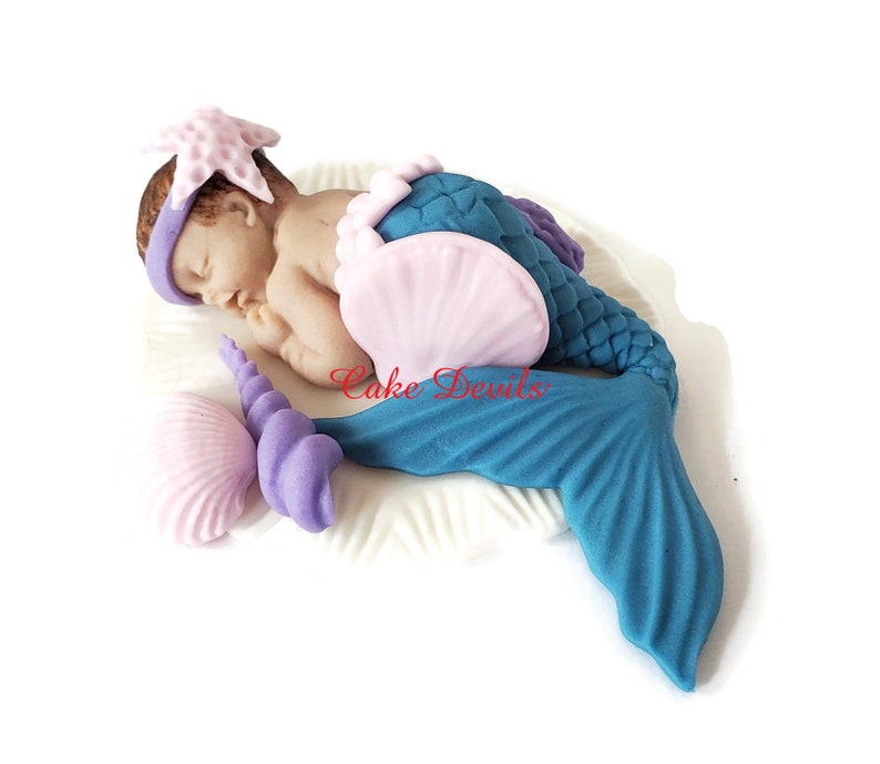 Mermaid Baby Shower Cake Topper, Fondant Baby girl, sleeping baby Mermaid Cake Decoration, Under the Sea theme, Handmade image 1