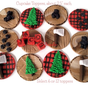 May include: Twelve 2.5 inch round edible cupcake toppers with a woodland theme. The toppers feature images of a bear, a pine tree, an axe, and a plaid pattern.  Select 6 or 12 toppers.
